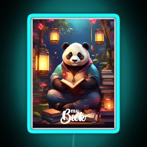 My Book Panda Reading Under The Lanterns RGB Neon Sign