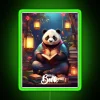 panda reading under rgb neon lantern sign with green lighting