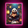 A cute panda reading a book under RGB neon lanterns with a pink glow.