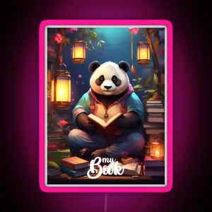 My Book Panda Reading Under The Lanterns RGB Neon Sign