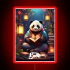 a panda reading under lanterns with an RGB neon sign (red)