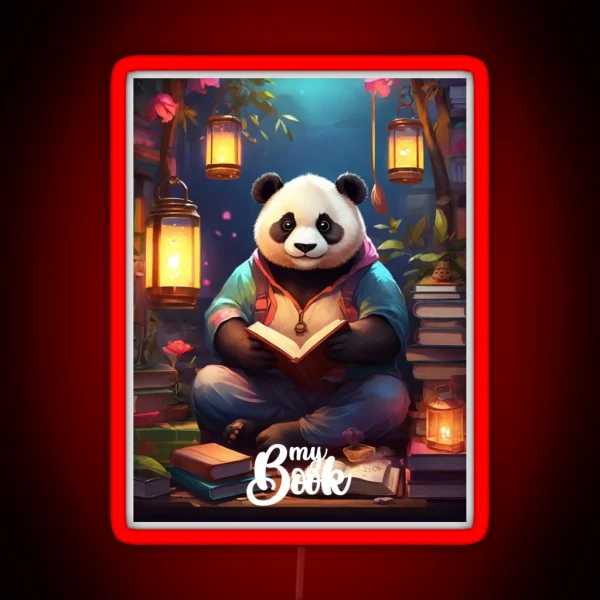 My Book Panda Reading Under The Lanterns RGB Neon Sign