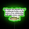 rgb neon sign displaying legal advice on relationships with women and fish in bold green letters
