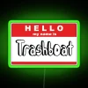 neon rgb sign displaying my name is trash boat in green