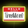 rgb neon sign displaying my name is trash boat in vibrant yellow.