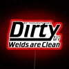neon sign displaying 'my thoughts are dirty but my welds are clean' in rgb neon lights with a modern abstract design.
