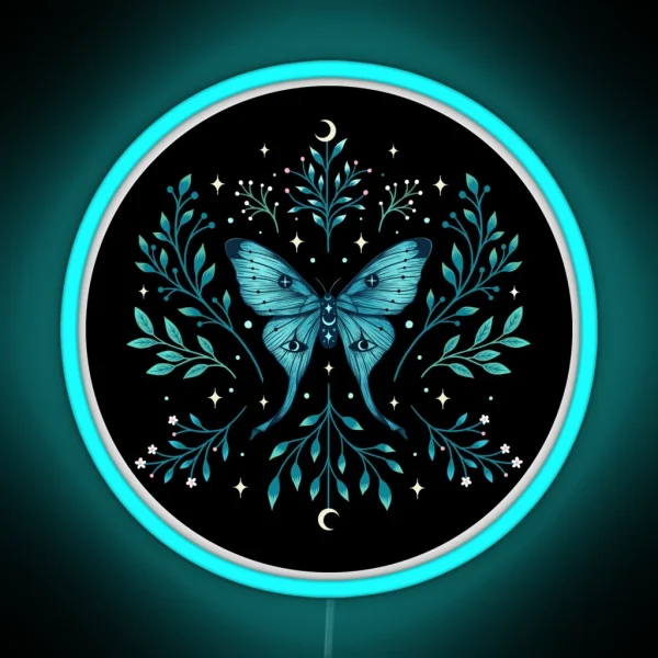 Mystical Moon Moth Turquoise RGB Neon Sign
