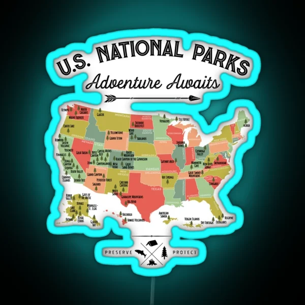 National Park Map Vintage Led All 63 National Parks RGB Neon Sign