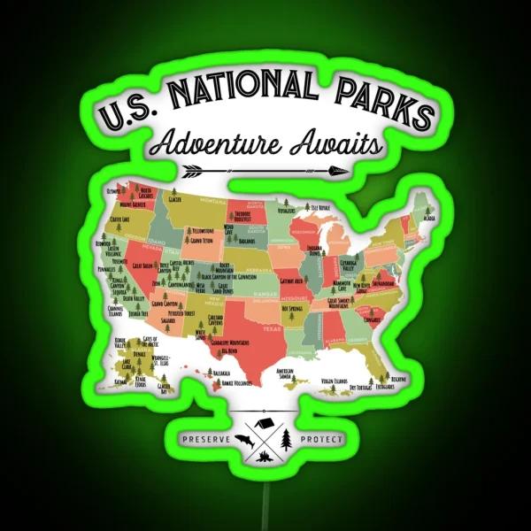 National Park Map Vintage Led All 63 National Parks RGB Neon Sign