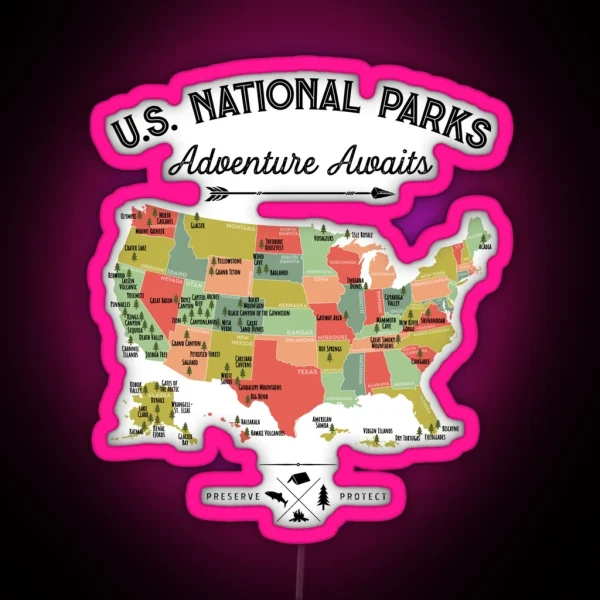 National Park Map Vintage Led All 63 National Parks RGB Neon Sign