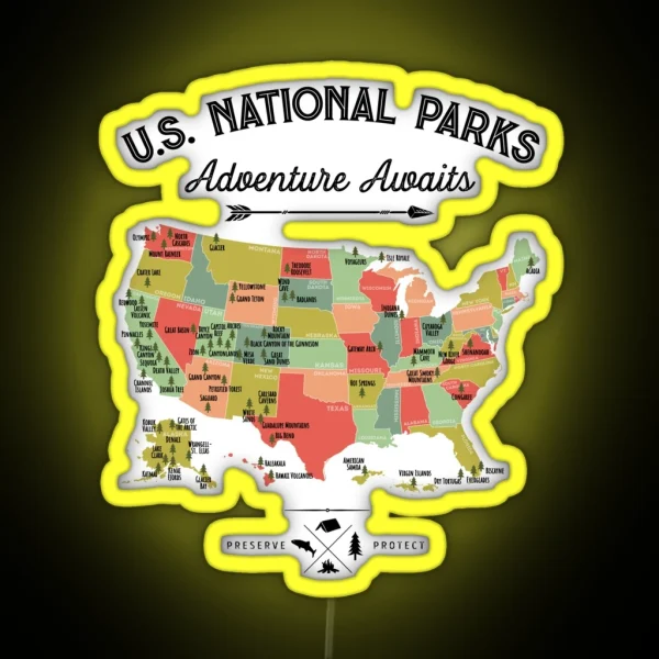National Park Map Vintage Led All 63 National Parks RGB Neon Sign
