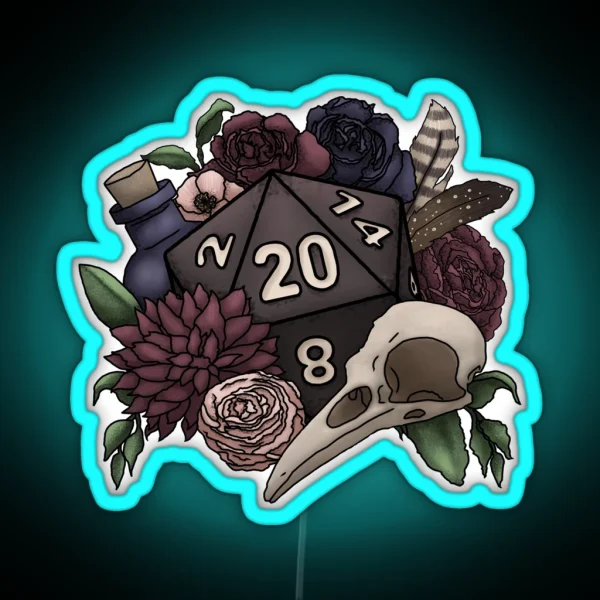 Necromancer D20 Tabletop RPG Gaming Dice RGB Neon Sign