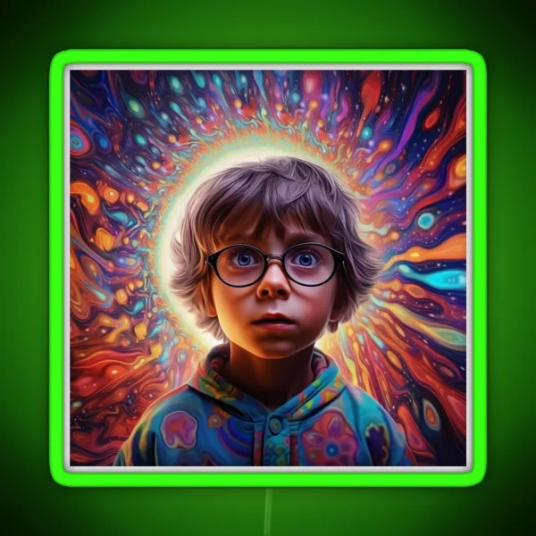 Nerdy Boy Hallucinating In Psychedelic Landscape Photorealistic Graphic Design RGB Neon Sign