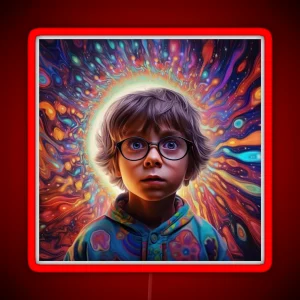 Nerdy Boy Hallucinating In Psychedelic Landscape Photorealistic Graphic Design RGB Neon Sign