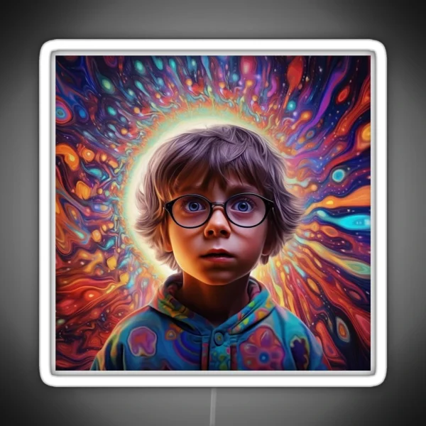 Nerdy Boy Hallucinating In Psychedelic Landscape Photorealistic Graphic Design RGB Neon Sign