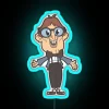 nerdy guy with big geeky glasses holding an rgb neon sign in blue