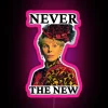 RGB Neon Sign displaying "Never The New - The Guilded Age" in vibrant colors on a pink background, featuring a modern and...