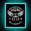 never underestimate an old man with a motorcycle rgb neon sign on a motorcycle in vibrant blue tones