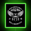 RGB neon sign of an old man on a motorcycle, never underestimate the power of experience.