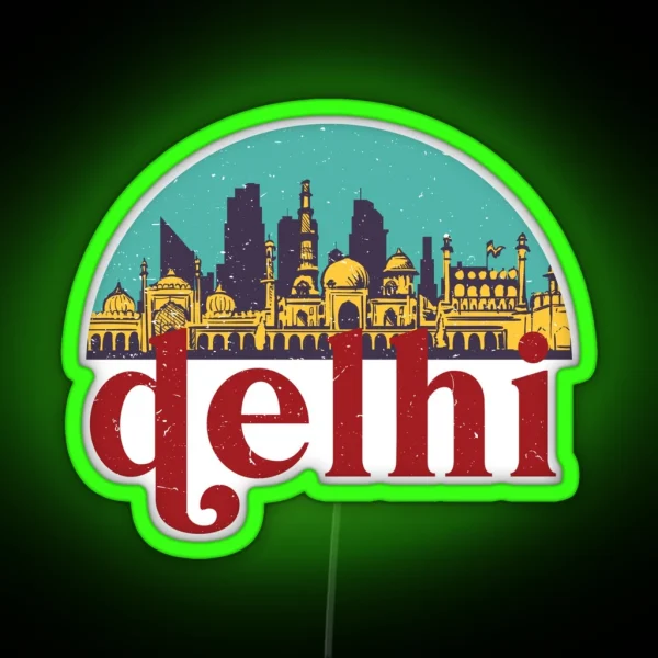 New Delhi India Vintage Classic City Skyline Cityscape Art RGB Neon Sign