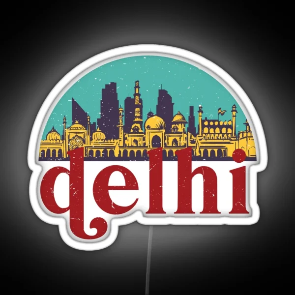 New Delhi India Vintage Classic City Skyline Cityscape Art RGB Neon Sign