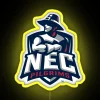 A neon yellow sign featuring the New England College Pilgrims logo.