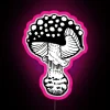 vivid pink rgb neon sign featuring a nibbled fly agaric mushroom with glowing effect