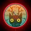 Night forest scene with a glowing neon 'Forest God' sign featuring vibrant RGB lighting.