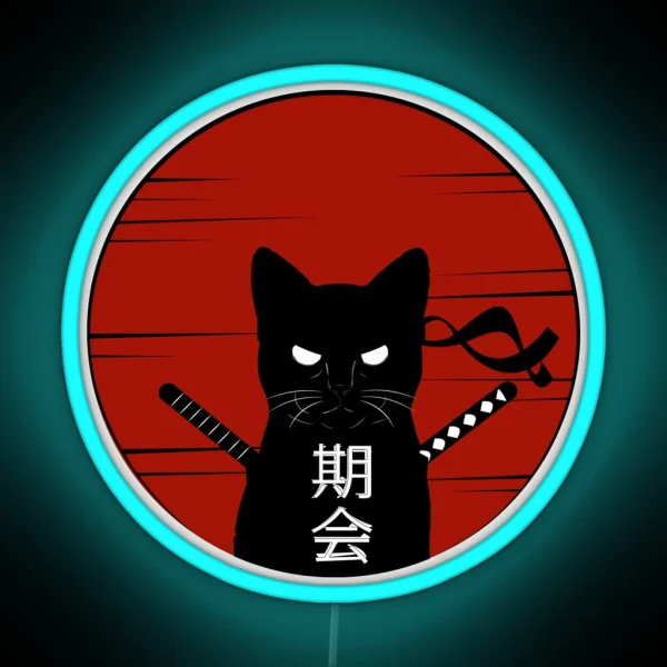 Ninja Cat Samurai Caled Japanese Text Cat RGB Neon Sign