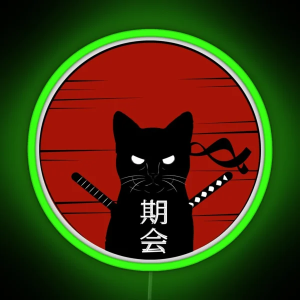 Ninja Cat Samurai Caled Japanese Text Cat RGB Neon Sign