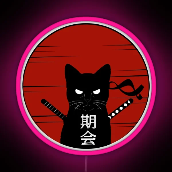 Ninja Cat Samurai Caled Japanese Text Cat RGB Neon Sign