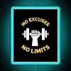 no-excuses-no-limits rgb neon sign with blue lighting.