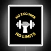 rgb neon sign displaying no excuses no limits in white