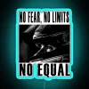 RGB neon sign displaying 'No Fear, No Limits, No Equal' in bold blue glow.