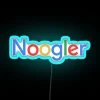 RGB neon sign displaying Noogler in vibrant blue colors.