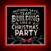A team-building event at an office Christmas party with a vibrant RGB neon sign.