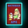 An ape on a vibrant neon Oktoberfest sign with glowing red and blue lights.