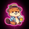 A vibrant RGB neon sign featuring a beaver and 'Oktoberfest' in pink.