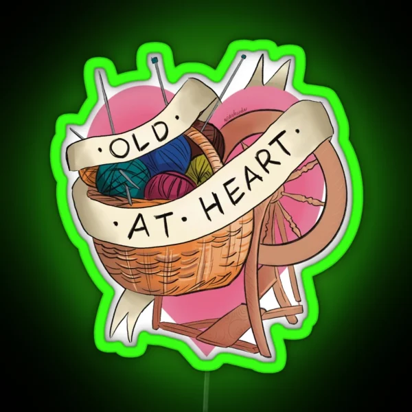 Old At Heart Spinning Wheel Knitting Yarn RGB Neon Sign