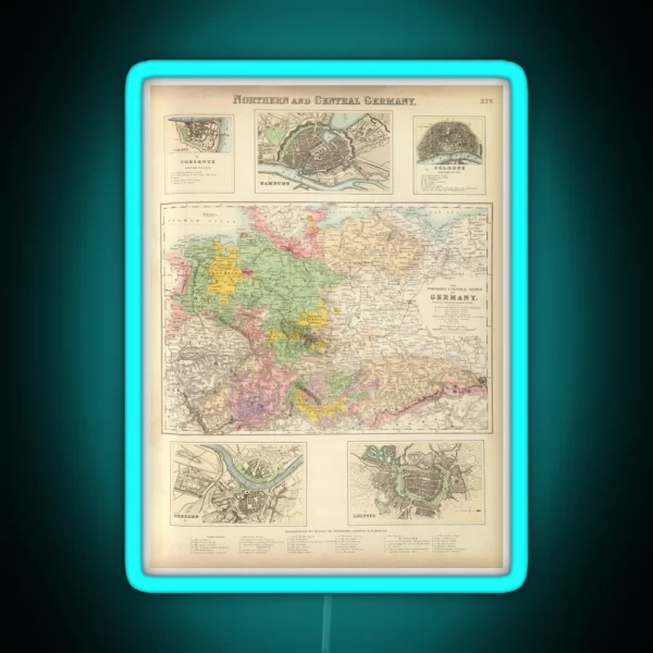 Old Central And Northern Germany Cities Map 1872 RGB Neon Sign