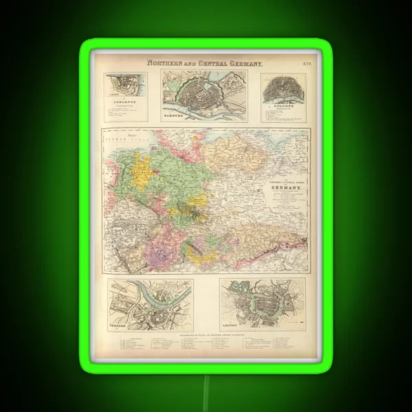 Old Central And Northern Germany Cities Map 1872 RGB Neon Sign