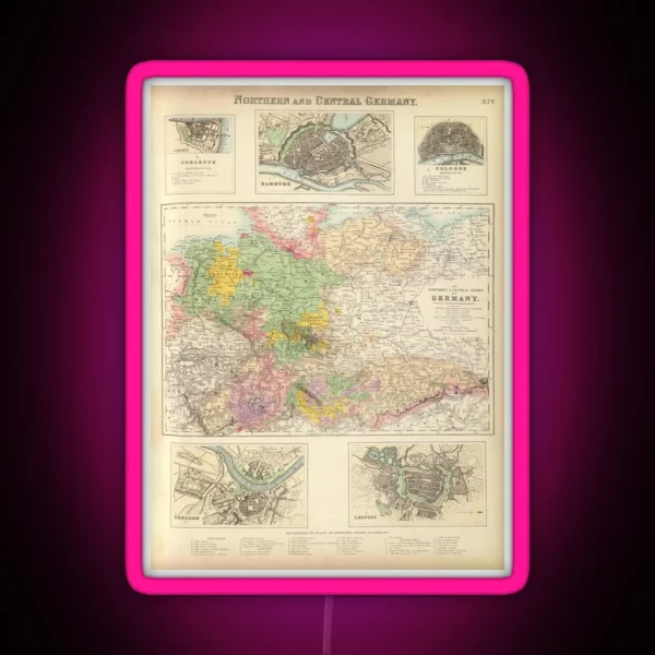 Old Central And Northern Germany Cities Map 1872 RGB Neon Sign