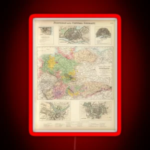Old Central And Northern Germany Cities Map 1872 Hamburg Dresden Cologne Atlas RGB Neon Sign