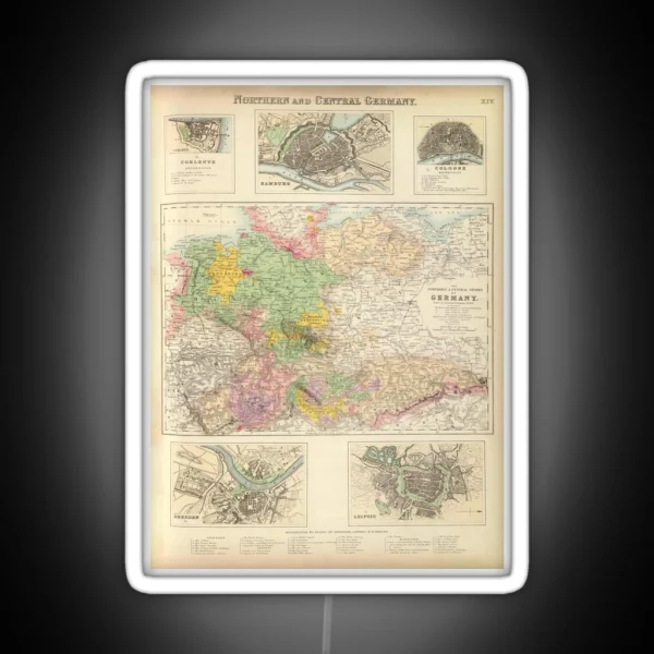 Old Central And Northern Germany Cities Map 1872 RGB Neon Sign