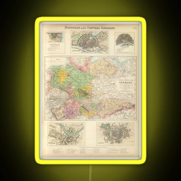 Old Central And Northern Germany Cities Map 1872 RGB Neon Sign