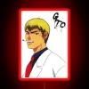 Neon sign of Onizuka GTO with RGB lighting effects and red glow.