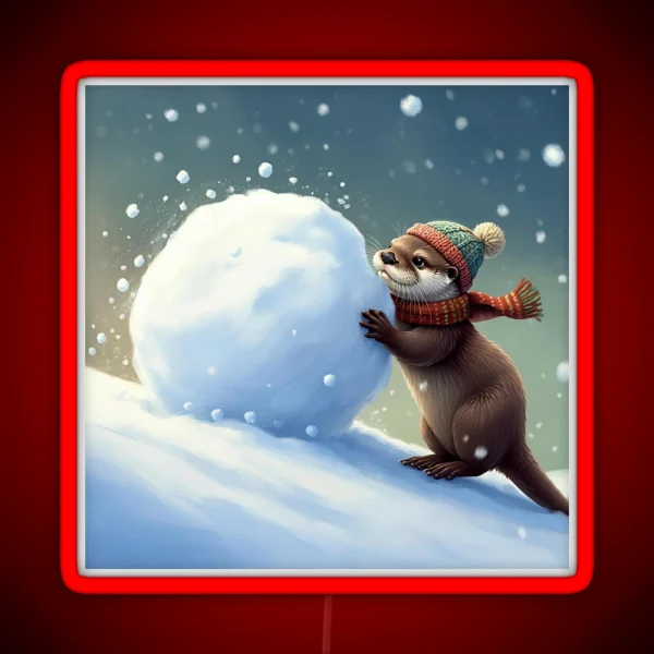 Otter In Winter Hat Rolling A Snowball On A Snowy Slope RGB Neon Sign