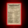 A Midsummer Night's Dream page illuminated with vibrant RGB neon sign (red)