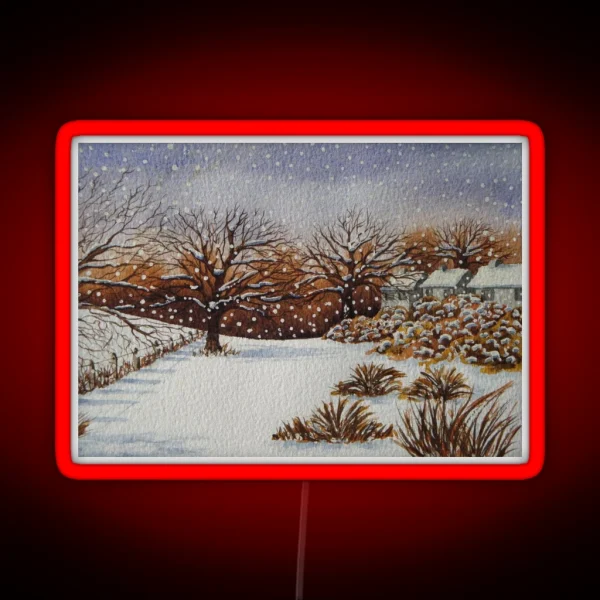 Painting Of Snow Snow Covered Trees And Cottages Winter RGB Neon Sign