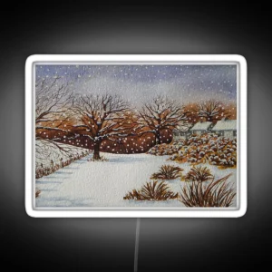 Painting Of Snow Snow Covered Trees And Cottages Winter Snow Scene RGB Neon Sign